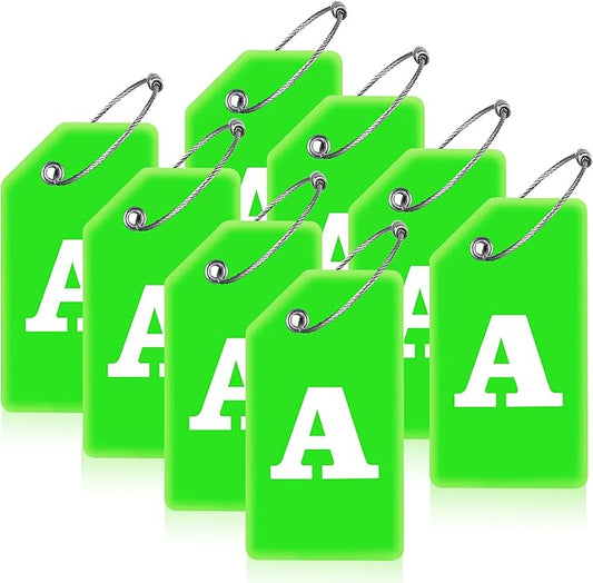Gostwo 8 Pack Luggage Tags for Suitcases, 26 Initial Letter Travel Luggage Baggage Identification Labels ID Tags Fully Bendable Tags with Stainless Steel Loop (Letter A, Green)