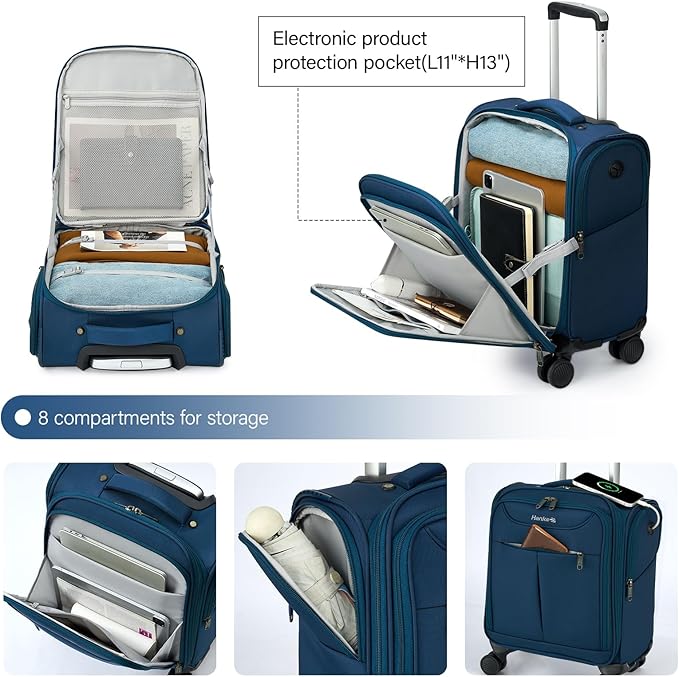Hanke Underseat Carry On Luggage with Wheels, Lightweight Small Suitcase Airline Approved 16 Inch Softside Personal Item Travel Bag for Women Men, Compact Under Seat Luggage with Spinner Wheels.(Blue)