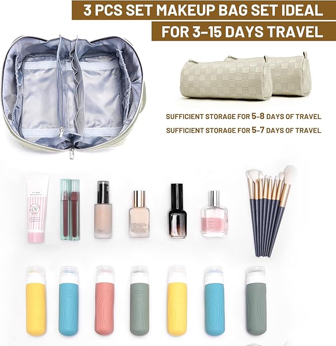 BOYATU Travel Makeup Bag Organizer: 3 Pcs Set Large Capacity Cosmetic Bags Holds 10–20 100ml Full-Size Bottles - 180°Open-Flat Make up Case 3-sec touch-up - Toiletry Bag Gift women (01-D-Beige)