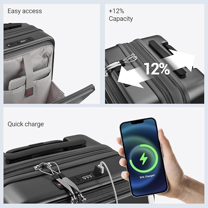 Carry On Luggage with Top Opening, Expandable with Front Pocket and USB Charging Port, Lightweight with Front Compartment Rolling Suitcases with Spinner Wheels (Grey, 20 Inch)