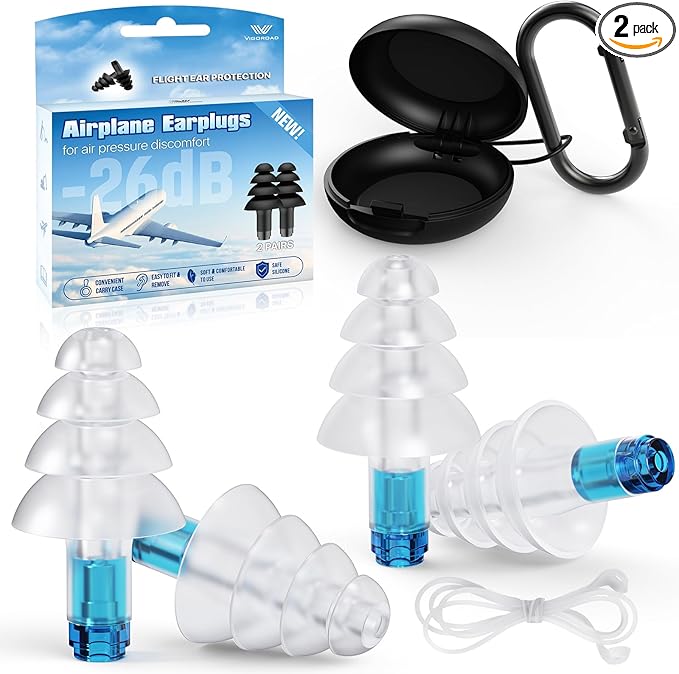 Ear Plugs for Airplane Pressure Relief, 2 Pairs Adults Soft Silicone Reusable Airplane Earplugs 26dB, with Silicone Connector Cord, Travel Essentials for Flying, Ear Protection Earplugs for Plane