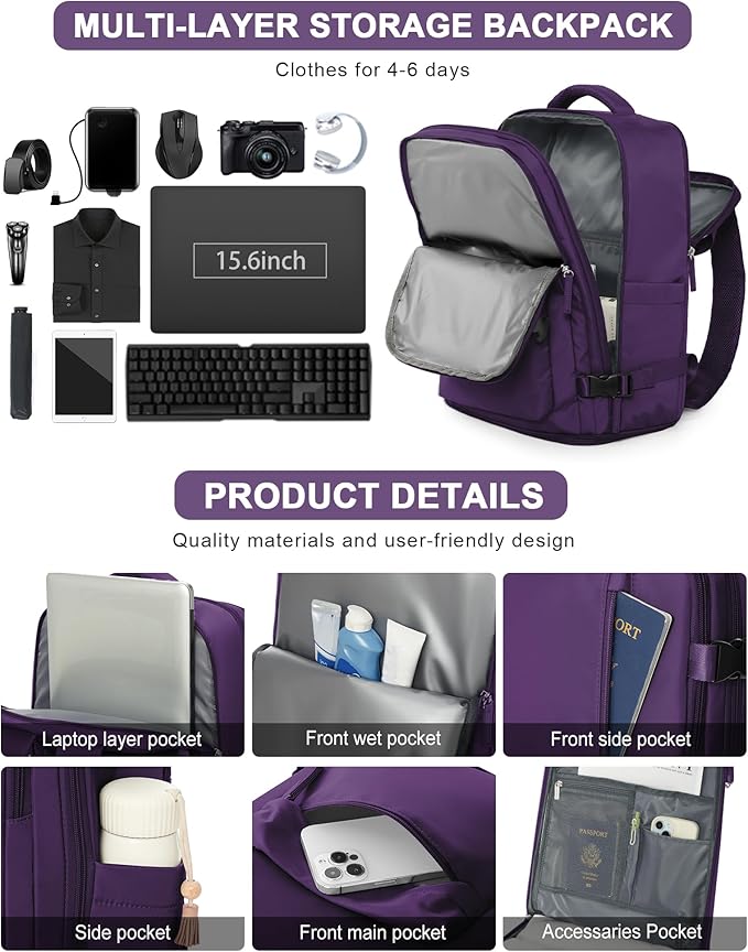 VGCUB Carry on Travel Backpack for Women Men Large Laptop Gym Work Frontier Airlines Personal Item Bag Business Airport Lightweight Backpack Flight Approved Mochilas de Viaje, Dark Purple