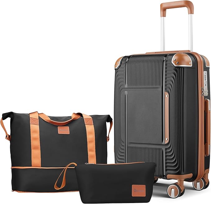 3 Piece Carry On Luggage Set with Expandable Duffel & Toiletry Bag, 20 Inch PP Hardshell Suitcase with YKK Zippers & Reinforced Corner Guards, Lightweight Spinner Wheels with TSA Lock (Black)