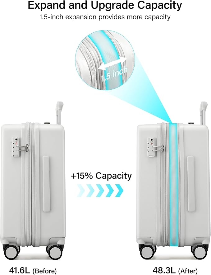 Hanke Expandable Carry On Luggage 22x14x9 Airline Approved, 20 Inch Hard Shell Suitcases with Wheels, Lightweight Travel Luggage Carry On Suitcase for Woman & Men with Tsa Lock(Smoke White)