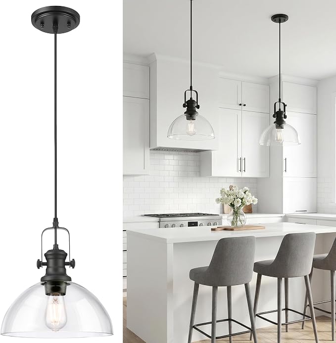 Large Pendant Lights Kitchen Island, 10.5" Farmhouse Black Pendant Lighting with Clear Glass Shade, Vintage Hanging Light Fixtures for Dining Room Entryway, Adjustable Cord, AD-22151-1PL-BK-C