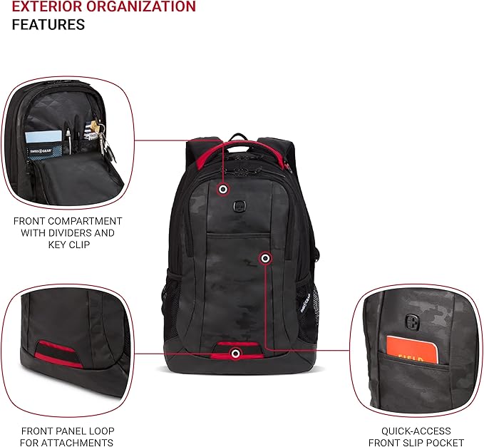 SWISSGEAR Cecil 18-Inch Laptop Backpack Fits 16-Inch Laptop, Travel Daypack with Organizer Pockets, Water Bottle Holders & Padded Straps – Camo Noir