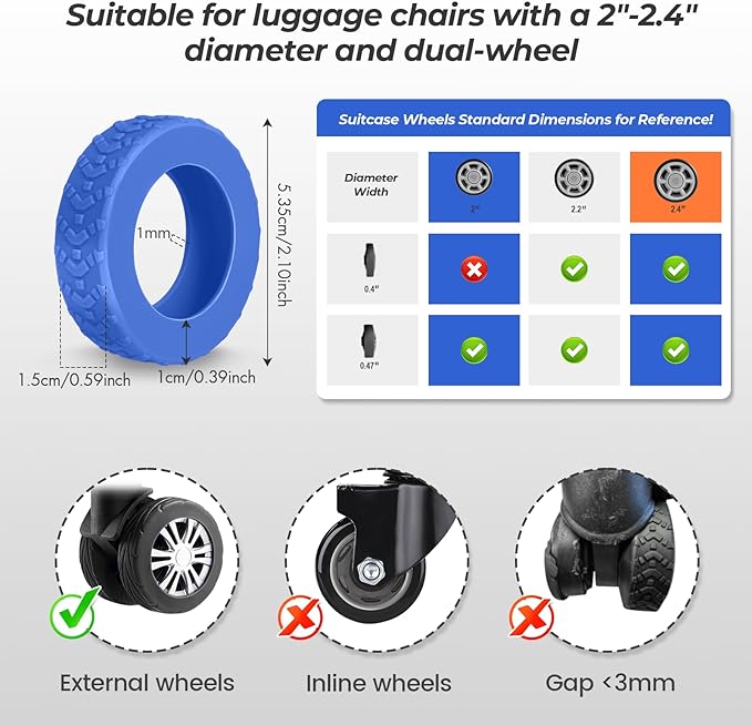 8 Pack Luggage Wheel Covers for Dual Spinner Wheels, Silicone Suitcase Wheel Protectors for 2.0"-2.4" Wheels, Noise Reducing & Anti-Scratch Tire Sleeves, Travel Accessories for Checked & Carry On-Blue
