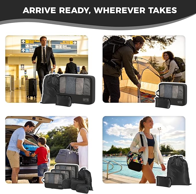 8-Piece Compression Packing Cubes for Travel, Ultralight Sleek Luggage Organizer Set for Business Trips & Frequent Travelers, Space Saving for Carry-On & Suitcase - Black