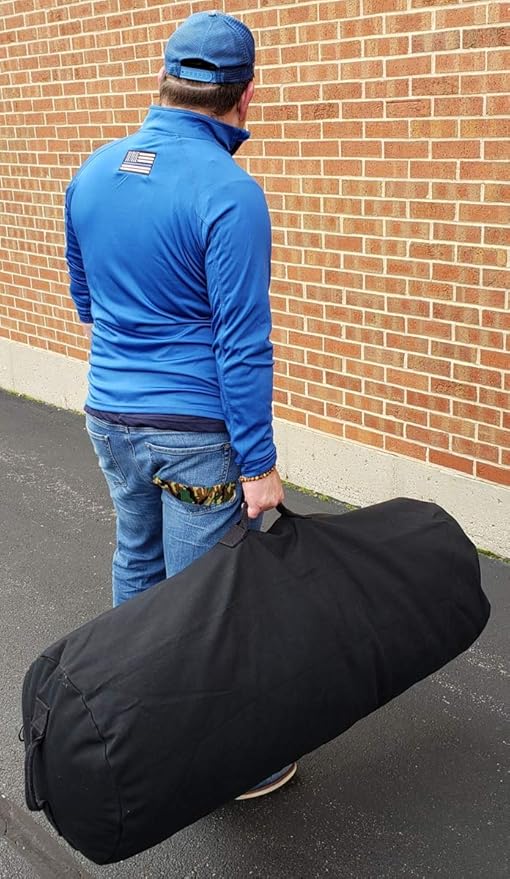 Farm Blue GI Style Zipper Duffel Bag - Large Heavy Duty Army Duffle Bag - Military Grade Cotton Canvas Duffel Bag - Reinforced Camping Bag - Strong Zipper, Center Grab Handle –21” x 36” - Black