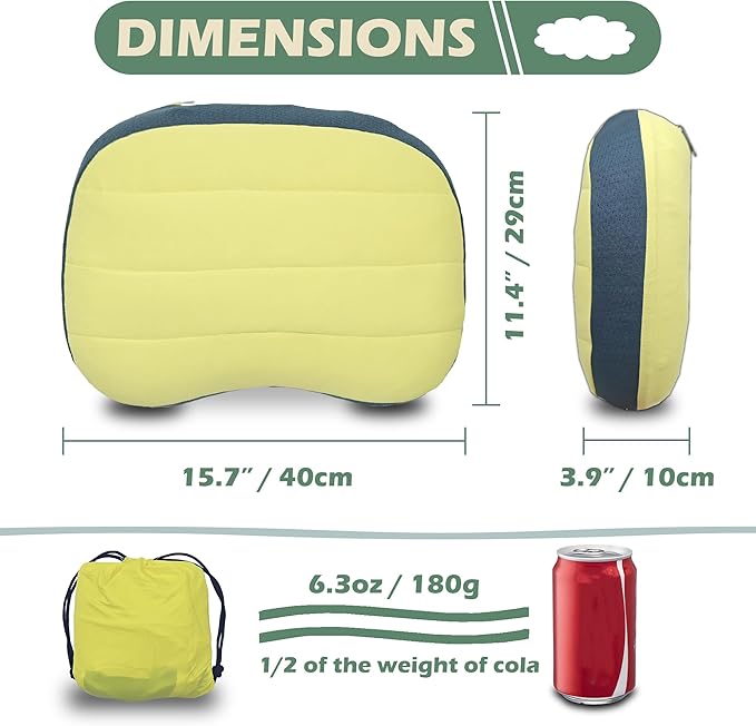 Inflatable Travel Camping Pillow - Ultralight, Portable, Removable, Double Cotton Cover Pillow for Neck Support with Storage Bag for Camping, Traveling, Backpacking, Hiking