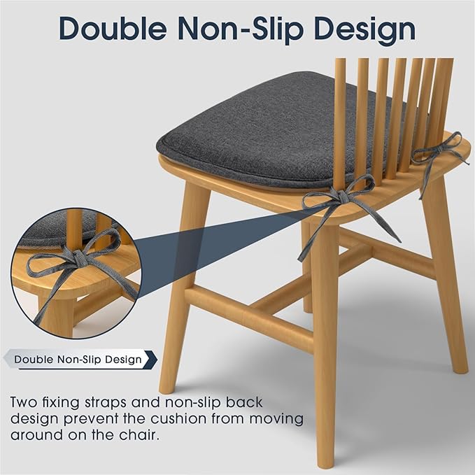 TushGuard Chair Cushions for Dining Chairs Set of 4, Soft Seat Cushions for Kitchen Chairs, Non-Slip Bottom with Ties, Comfortable Everyday Chair Pads, Grey