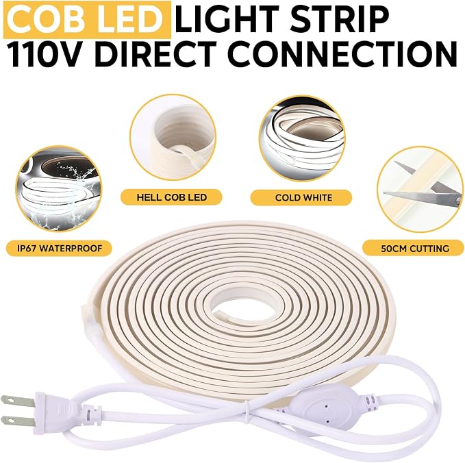1m LED Strip Lights 320LEDs 6000K Cool White Rope Lights 110V | 3.28 Foot 120V Outdoor Lights COB LED Strip Light Waterproof IP67 for Under Cabinet Lights Bedroom Garden Patio