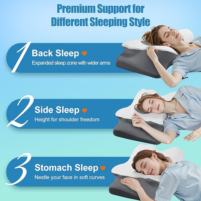 Cervical Neck Pillow for Sleeping, Memory Foam Pillow for Neck Support, Set of 2 Ergonomic Pillow for Pain Relief, Contour Bed Pillow for Side Back Stomach Sleepers, Grey Standard Size