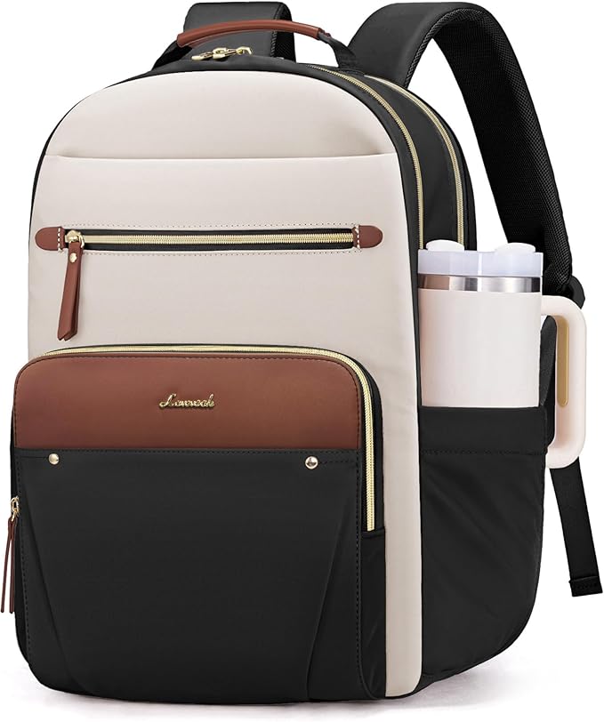 LOVEVOOK Laptop Backpack for Women, 17.3" Work Business Computer Backpack,Casual Daypack Purse, Travel Personal Item Bag for Gift, Cream Chestnut Brown