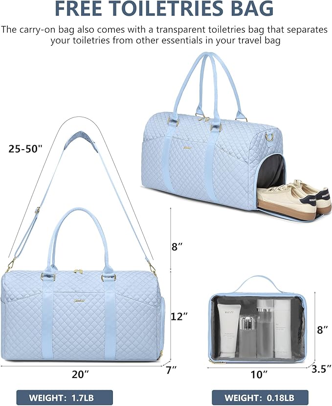 Women Weekender Travel Duffle Bag: Travel Duffel Overnight Bags with Shoe Compartment Large Carry on Tote with Toiletry Bag Weekend Traveling Yoga Gym Hospital Bag for Women with Wet Pocket Light Blue