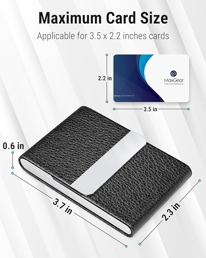 MaxGear Business Card Holder, PU Leather Business Card Case Pocket Card Holders for Men or Women, Metal Slim Name Card Holder RFID Blocking Business Card Carrier with Magnetic Closure, Black