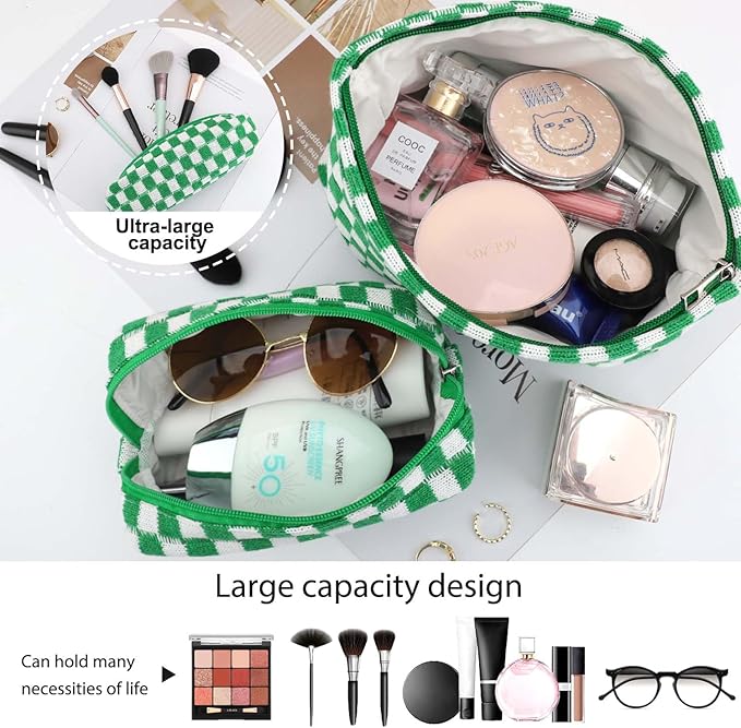 EIMMBD Makeup Bag 3 Pieces Large Capacity Checkered Cosmetic Bags Travel Toiletry Bag Organizer Cute Makeup Pouch Storage for Women (Green)