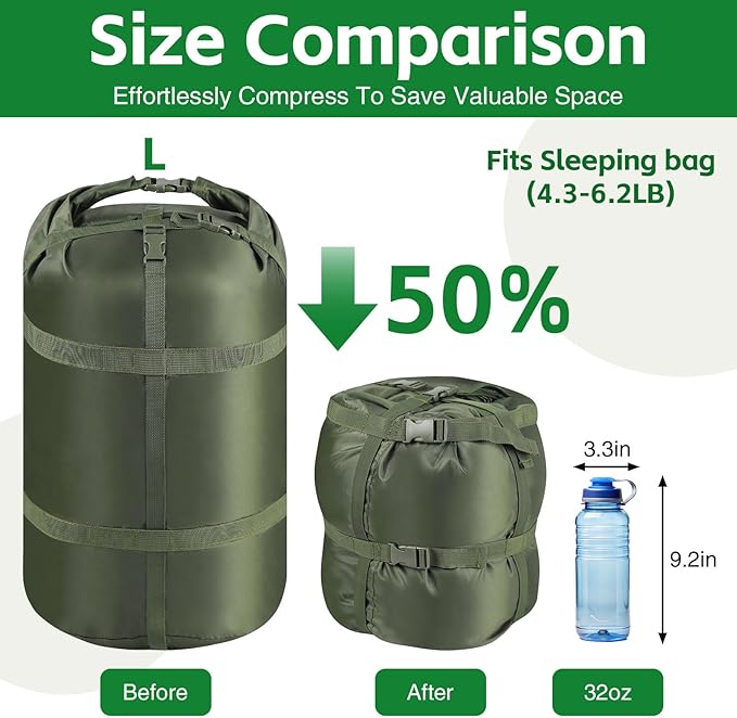 Compression Stuff Sack, Ultralight Portable Sleeping Bag Compression Sack, 15L/27L/45L Sleeping Bag Stuff Sack, Space-Saving Storage Sack for Backpacking, Camping, Hiking, Travel-L