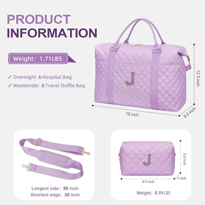 Gifts for Teen Girl, Initial Travel Duffle Bag, Personalized Women Weekender Overnight Bags, Gift for Daughter Kid Mom Friend College Girl Graduation Teacher（Purple,J)
