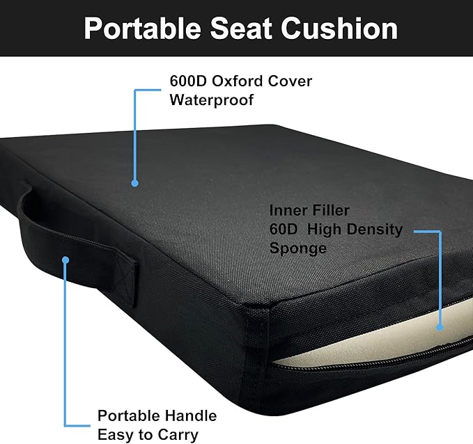 Stadium Seat Cushions, Portable Bleacher Cushions with Handle, Waterproof Oxford Fabric, Zipper Design (Black - 3 Pack)