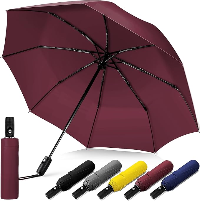 Windproof Travel Umbrella, Compact Umbrella, Car Umbrellas for Rain & Sun, 8 Fiberglass Ribs for Strong UV & Wind Resistance, Portable, Lightweight, Vent, Easy Automatic Open/Close