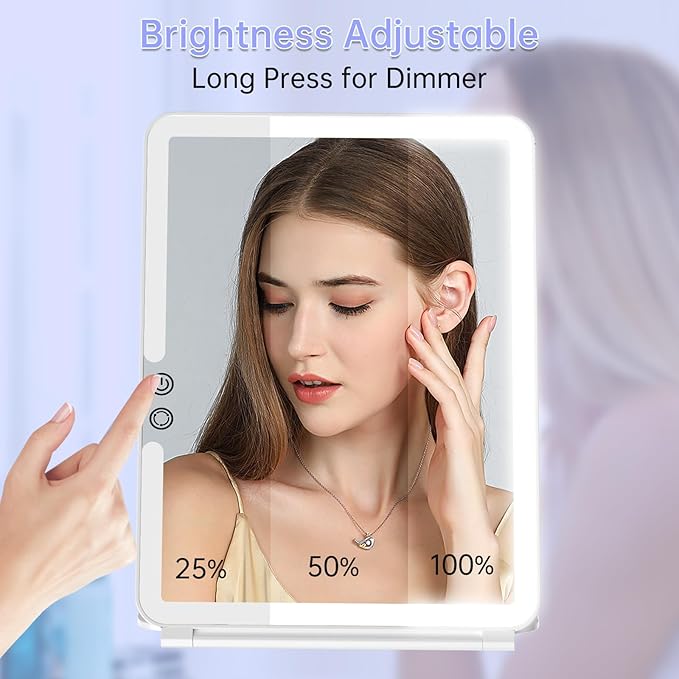 FUNTOUCH Rechargeable Large Travel Makeup Mirror with Lights, 2500mAh 10x7.5 Portable Lighted Makeup Mirror with 3 Color Lights, Dimming Folding Light Up Travel Mirrors with 10X Magnifying Mirror