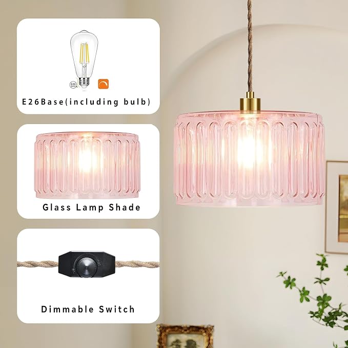 QIYIZM Pink Plug in Pendant Light Glass Hanging Lights with Plug in Cord Boho Hanging Lamp Gold Mid Century Modern Vintage Dimmable Flower Plug in Chandelier Ceiling Fixture for Living Room,Bedroom