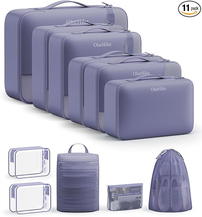 11 Set Packing Cubes for Travel,Gifts for Women Mom Kids, TSA Approved Bags for Makeup, Cosmetic, Toiletry, Suitcase Organizers for Checked Luggage, Cruise Essentials,Airplane Accessories, Purple-Gray