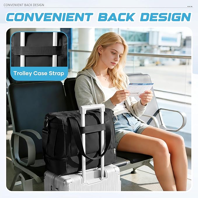 Small Black Gym Duffle Bag for Women Men with Shoe Compartment, Mini Cute Weekender Handbag Carry on Travel Bag for Airplane, Water Resistant Sports Yoga Tote Bag with Dry Wet Separated Pocket.