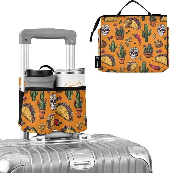 Luggage Cup Holder for Suitcases Free Hands Travel Cup Holder Portable Suitcase Cup Drink Holder Luggage Cup Caddy Bag Carrier Orange Mexico Tacos Chilis Skulls