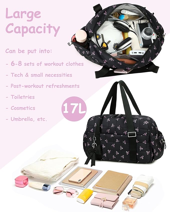 CAMTOP Gym Bag for Women, Lightweight Duffle Bag for Travel With Insulated Pocket and Wet Pocket, Small Carry On Bag for Dance Yoga Work (Black Bow, Medium-16")