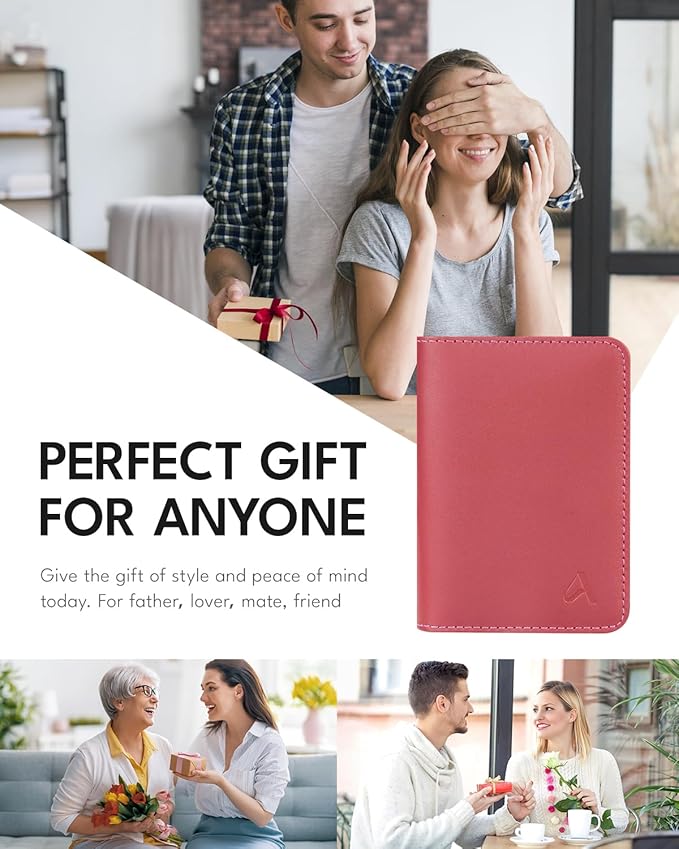 ALLIVE Passport Holder for Travel, Genuine Leather Passport Holder Women Men,Passport Cover,Travel Wallet Must Haves Airport Essentials Travel Gifts Pink
