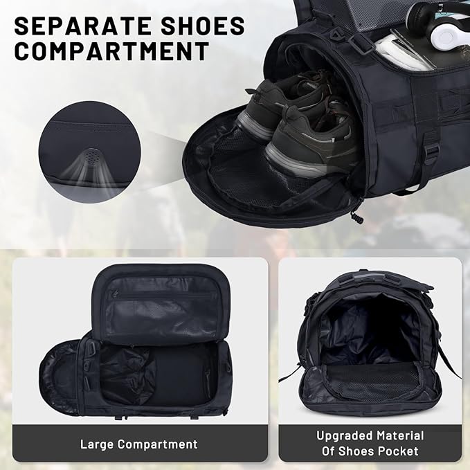 MIER Large Duffel Backpack Sports Gym Bag with Shoe Compartment, Heavy Duty and Water Resistant, Black, 60L