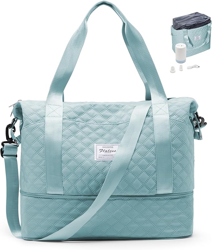 Vacuum Travel Bags with Pump, Large Duffle Bag Personal Item 18x14x8 Inches, Expandable Weekender Bags Women Men, Overnight Carry on Bag for Airplanes, Traveling, Trips, Sport, Hospital - Blue