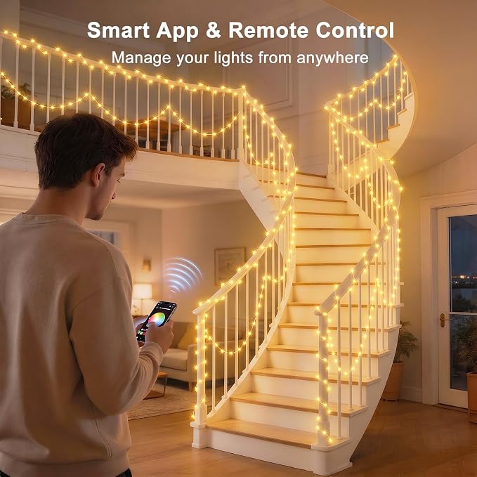 OMIKA Fairy Lights Plug in, 66FT 200 LED Smart String Lights Plug in with Remote & APP Controlled, Warm White + RGB Music Sync Timer, Twinkle Lights for Bedroom Classroom Holiday Christmas Decor