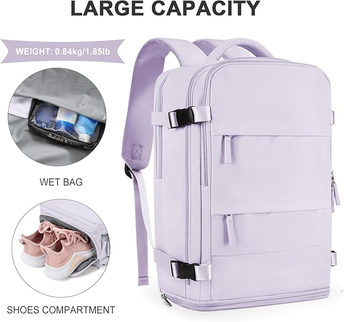 coowoz Large Travel Backpack For Women Men,Carry On Flight Approved,Hiking Waterproof Outdoor Sports Rucksack Casual Daypack Fit 15.6 Inch Laptop Shoes Compartment (Purple)