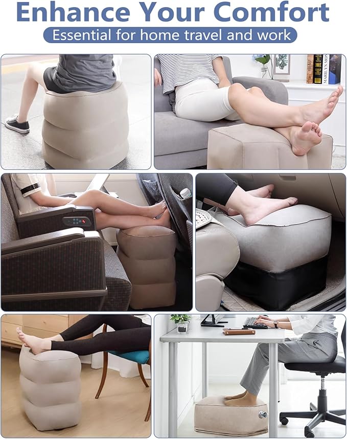 YSJILIDE Inflatable Travel Foot Rest Pillow, Travel foorest Pillow for Kids/Adults, Adjustable 3 Layers Height Leg Rest Pillow, Great for Living Room, Train, car (2 Pack)