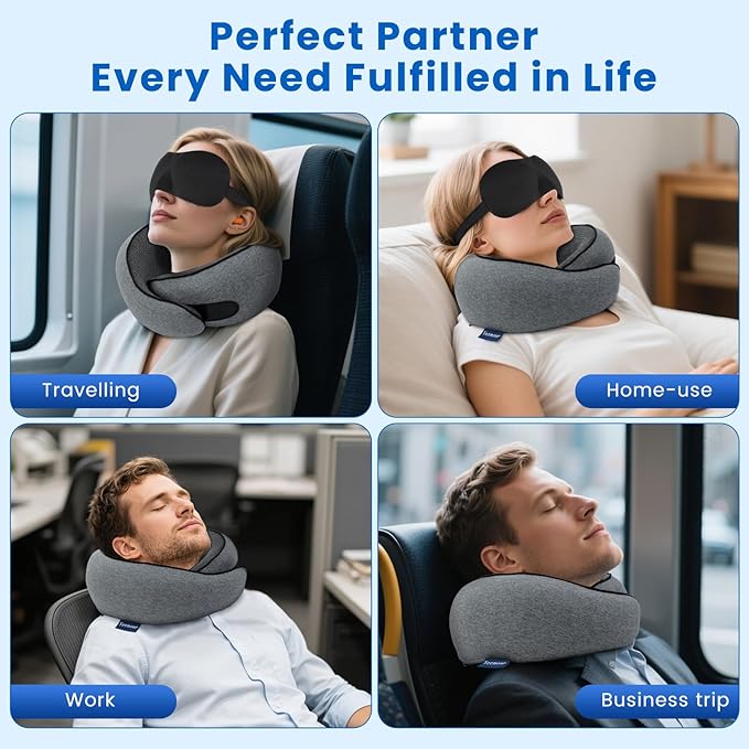 Travel Pillow Memory Foam Neck Pillow for Airplanes Long Flight Comfort 360° Support Airplane Pillow Design for Car Rides, and Home Use Travel Essentials, with Eye Mask, Earplugs and Storage Bag Large