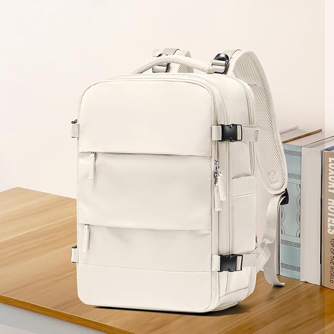 coowoz Large Travel Backpack For Women Men,Carry On Backpack Flight Approved,Hiking Backpack Waterproof Outdoor Sports Rucksack Casual Daypack Fit 15.6 Inch Laptop Shoes Compartment（Off White）