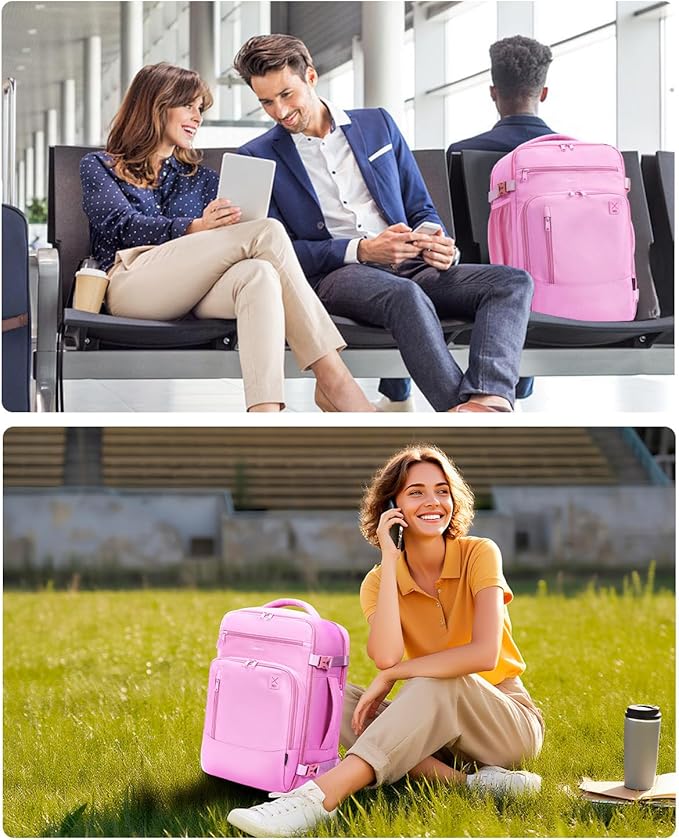 ECOHUB 17" Small Travel Backpack, United Airlines Personal Item Bag 17x10x9 with 16 Pockets, Water Resistant Rucksacks Fit 15.6" Laptop, AirTag Pocket, Lightweight Casual Daypack, 25L, Pink