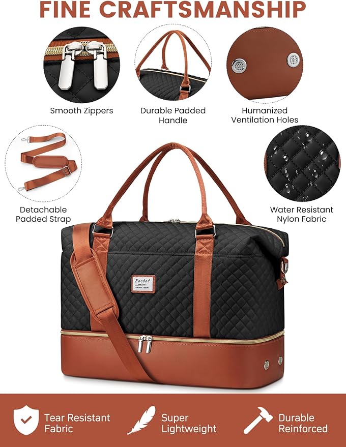 Travel Weekender Duffle Bags for Women: Overnight Bags with Shoe Compartment Large Carry on Weekend Bag with Toiletry & Wet Pocket Tote Duffel Bag Hospital Bag for Women Labor Delivery Black Brown