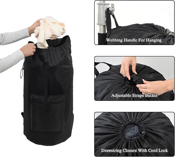 OTraki Laundry Bag Backpack, Large Travel Laundry Bags with Adjustable Shoulder Straps, Portable Heavy Duty Dirty Clothes Laundry Backpack for College Dorm,Drying Do Not Exceed 176℉ Black