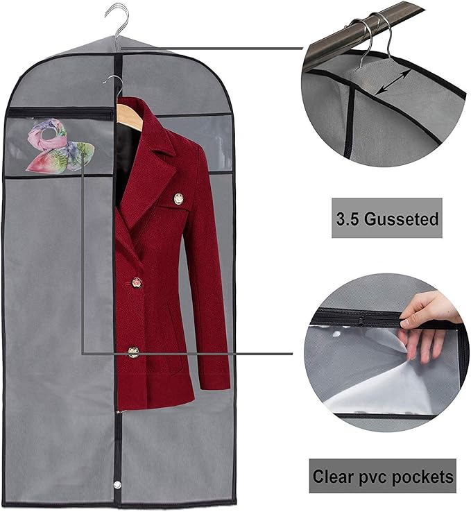 MISSLO 50" Gusseted Travel Garment Bag with Clear Zipper Pouch Breathable Dress Storage Garment Cover for Hanging Full Length Coat, Long Jacket, Suit with Tails, Grey