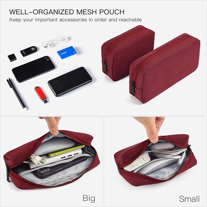 imComor Universal Electronics Accessories Case Bag, 2-Pack Portable Soft Carrying Case Bag Pouch Wire Cable Organizer for Hard Drive, Power Adapter, Laptop Mouse, Cosmetics Kit, Small+Big-Wine Red