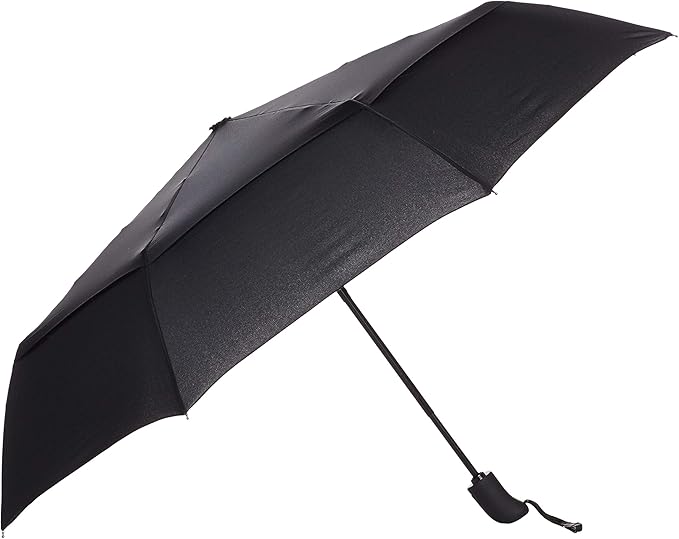 Amazon Basics Round Travel Umbrella with Auto Open/Close Button, Wind-Proof Compact Design, Wind Vent, Strong Alloy Steel Frame, Soft-Grip Handle, Storage Sleeve, 11" When Closed, Black