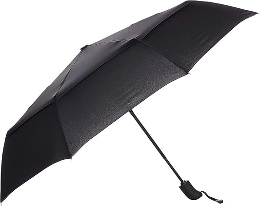 Amazon Basics Round Travel Umbrella with Auto Open/Close Button, Wind-Proof Compact Design, Wind Vent, Strong Alloy Steel Frame, Soft-Grip Handle, Storage Sleeve, 11" When Closed, Black