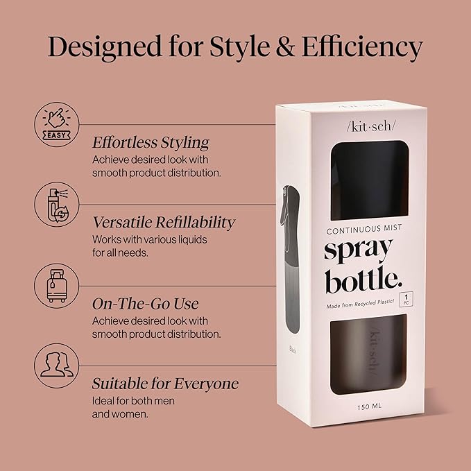 Kitsch Continuous Spray Bottle for Hair – Fine Mist Water Mister & Water Spray Bottle – Recycled Hair Spray Bottle – Spray Bottles for Cleaning, Styling, Plants & More – Black, 150ml