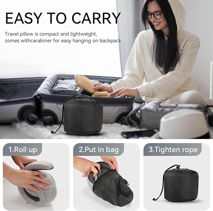 SZXYX Travel Pillows - 100% Pure Memory Foam Neck Pillow for Airplanes, Comfortable Breathable Cover, 360° Support Stowable Pillows for Sleeping, Car, Airport Travel Essentials Dark Grey
