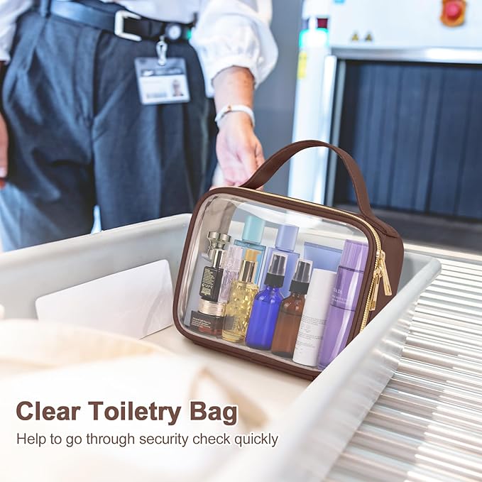 Wedama Clear Toiletry Bag, 2 Pack Clear Makeup Bags with Handles, Large Travel Bags PVC Cosmetic Bag for Women and Men, Carry on Airport Airline Compliant Bag, Brown