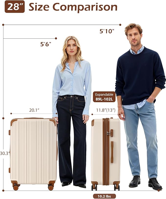 Coolife Luggage, Suitcase with Durable and Lightweight, Large Checked Luggage with ABS Hardshell Expandable, Dual Spinner Wheels, TSA Lock, and YKK Zipper (apricot white, L(28in))